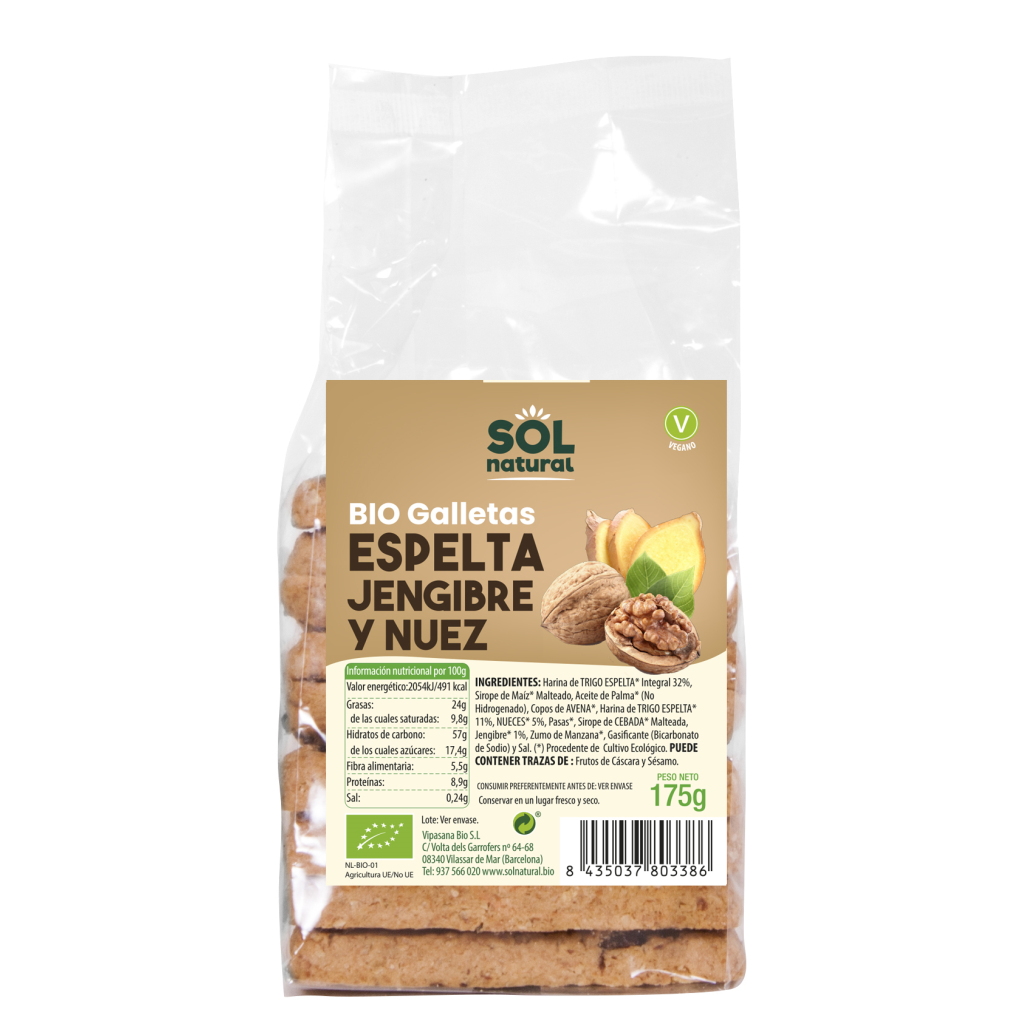 GALLETAS ESPELTA JENGIBRE NUECES 175gr